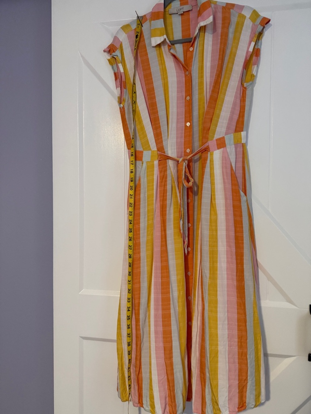 LOFT Striped Button-Front Midi Dress in Pink, Orange & Mustard - Picture 8 of 10
